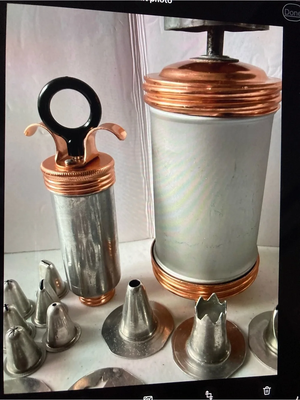 Vintage Mirro Copper-Accent Silver Cookie Press Set with Nozzles & Discs